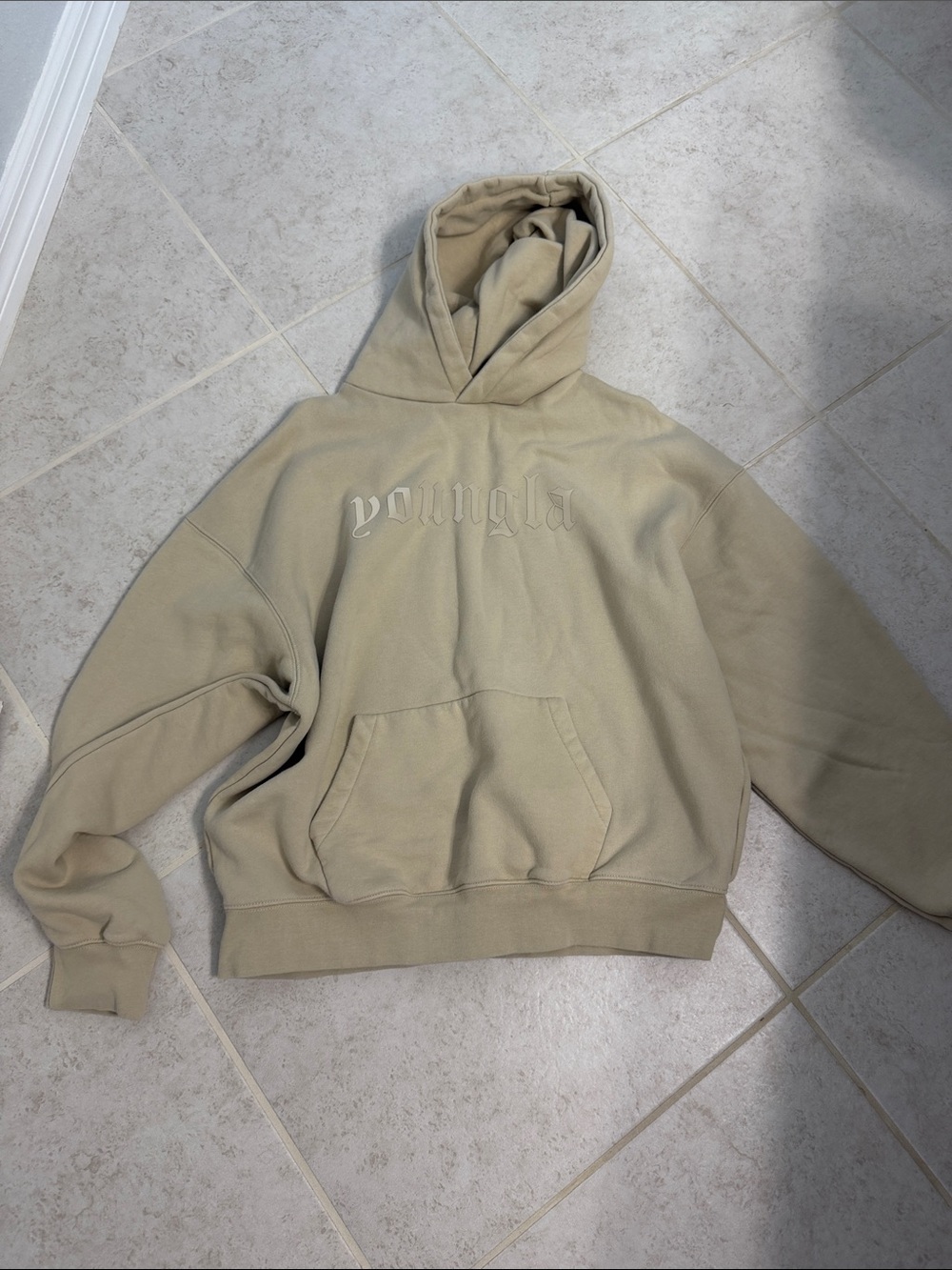 YoungLA Hoodie in Beige with Raised Logo